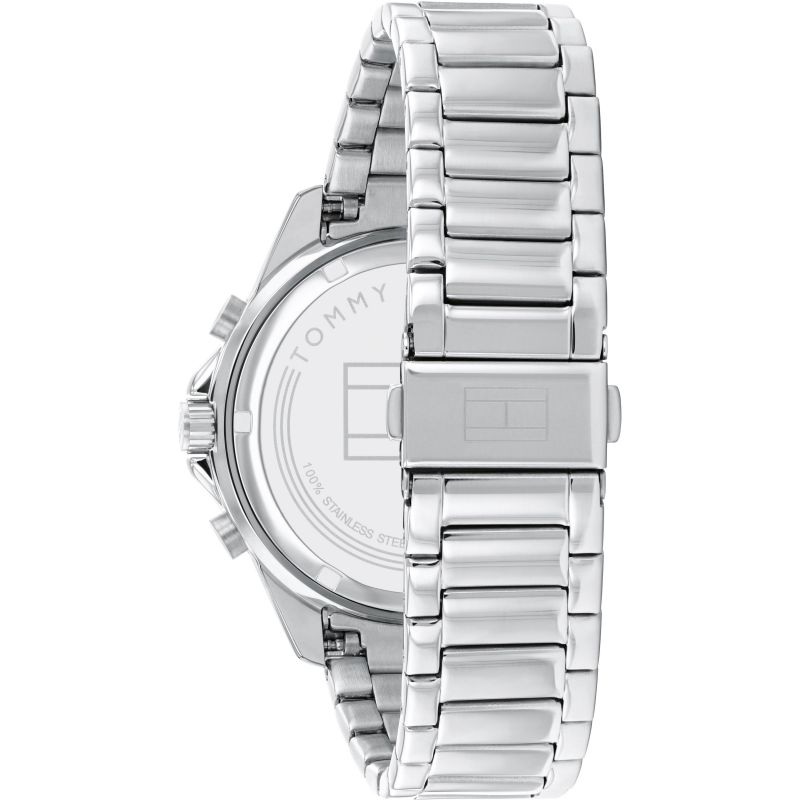 Case back of Tommy Hilfiger Aiden chronograph watch displaying movement and specifications