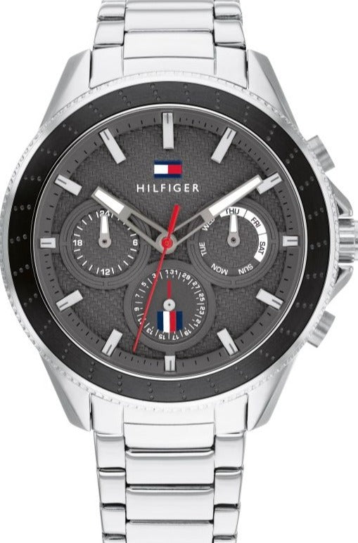 Tommy Hilfiger Aiden chronograph watch with grey dial, silver steel strap, and three subdials