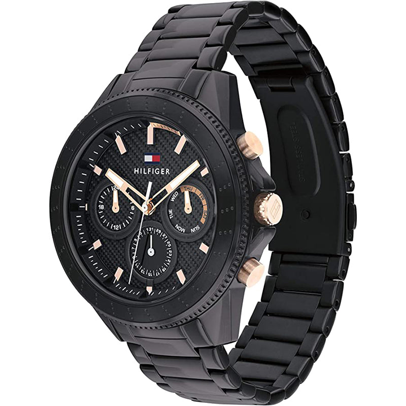 Tommy Hilfiger Aiden watch 45-degree angle view showing black stainless steel bracelet