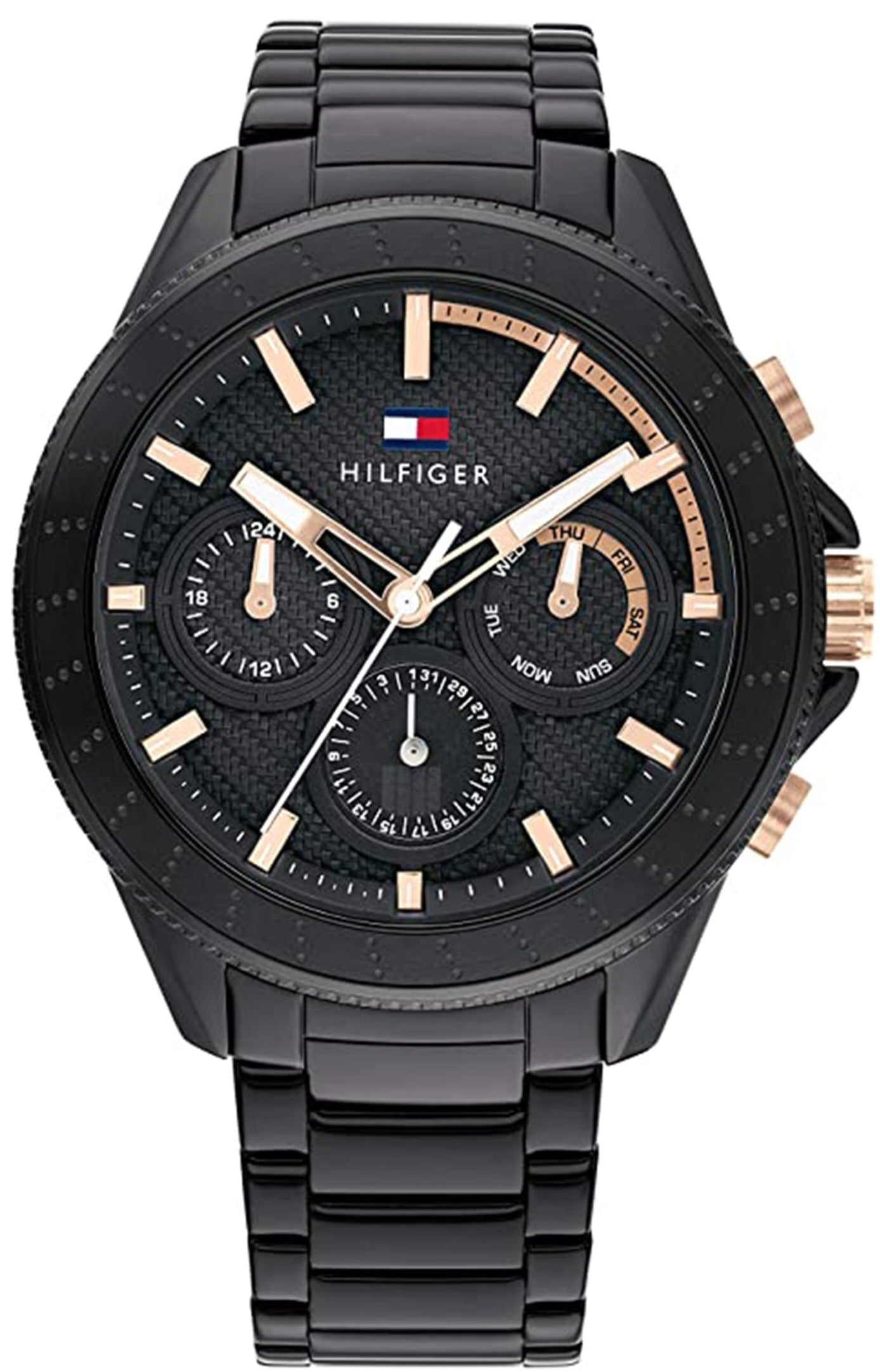 Tommy Hilfiger Aiden black chronograph watch with black dial and rose gold accents