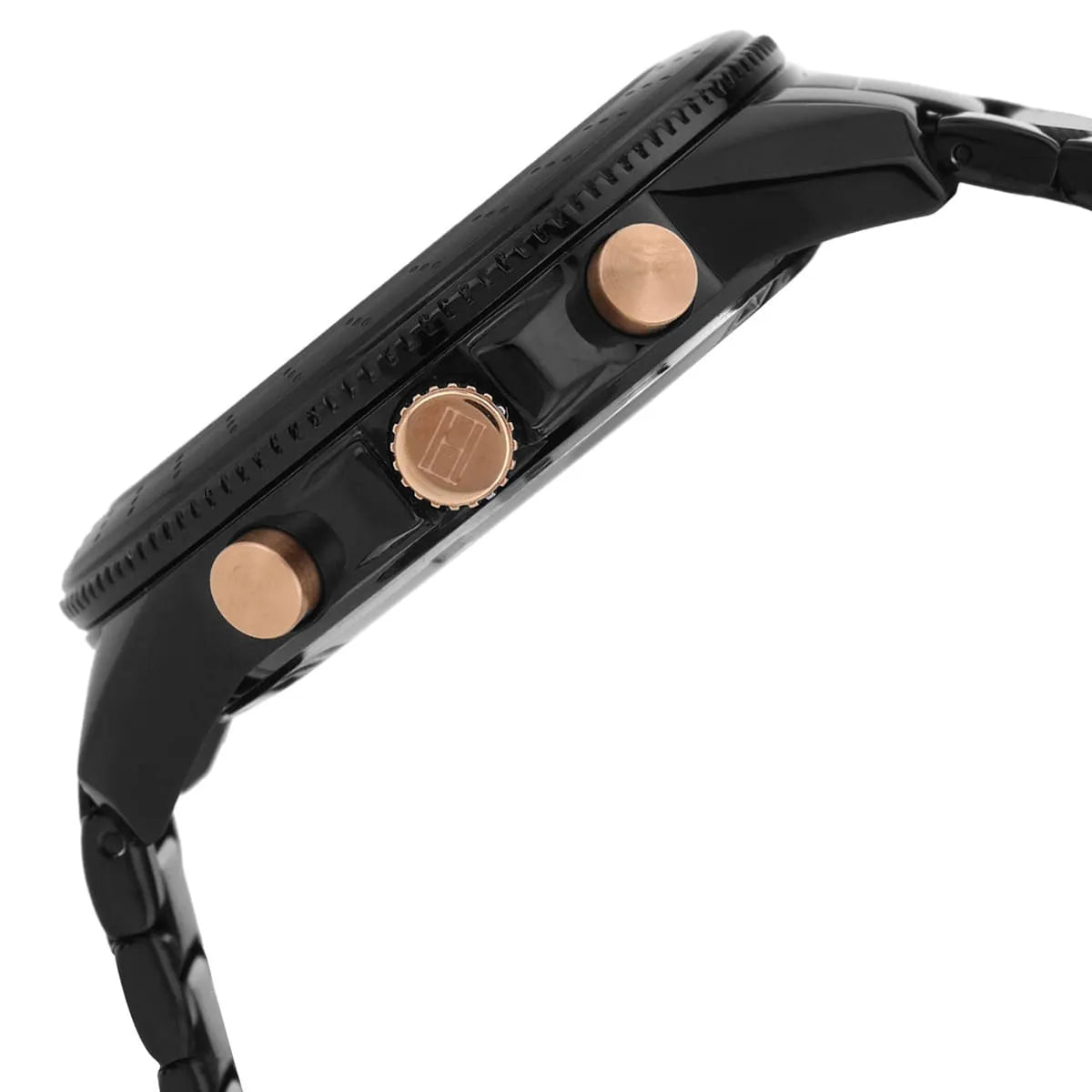 Tommy Hilfiger Aiden watch side view showing chronograph pushers and black case profile