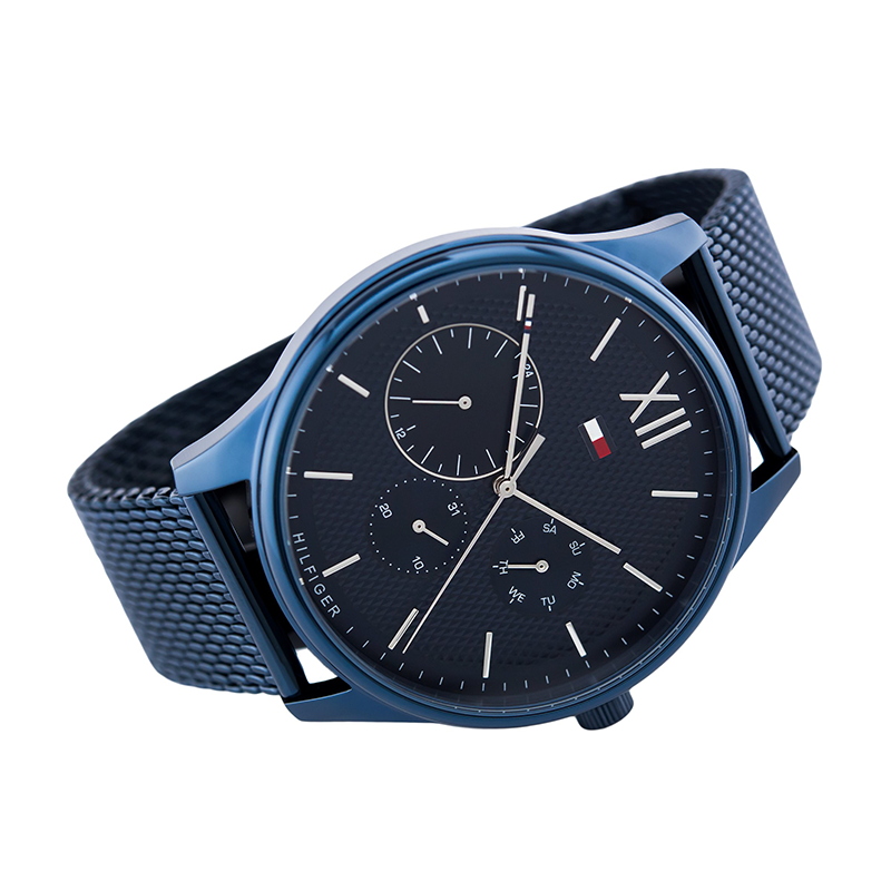 Side angle view of Tommy Hilfiger all-blue chronograph watch with mesh strap and blue case
