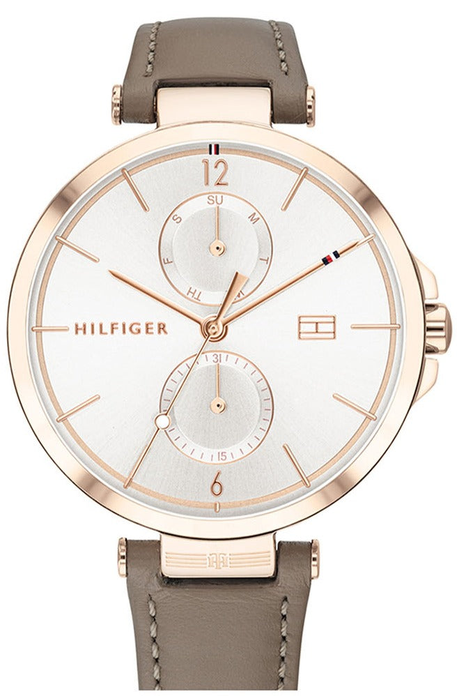 Tommy Hilfiger Angela women's watch with silver dial, rose gold case, and brown leather strap