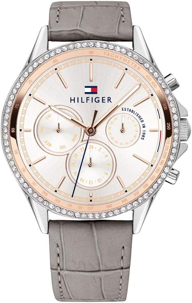 Tommy Hilfiger Ari women's chronograph watch with white dial and diamond bezel on grey leather strap
