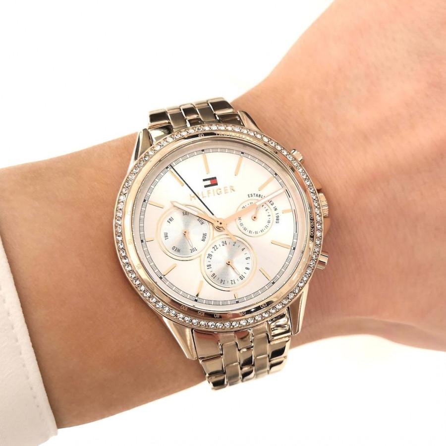 Tommy Hilfiger Ari rose gold women's watch on wrist showing silver dial and rose gold case