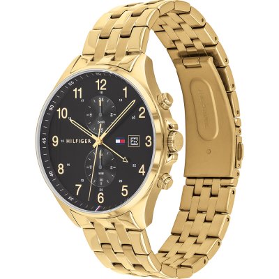 Tommy Hilfiger Austin gold chronograph watch displayed at angle showing face and bracelet