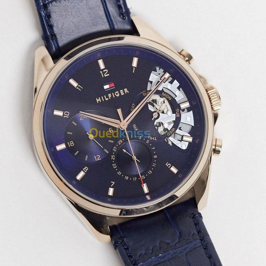 Tommy Hilfiger Baker watch dial detail with skeleton window and chronograph subdials