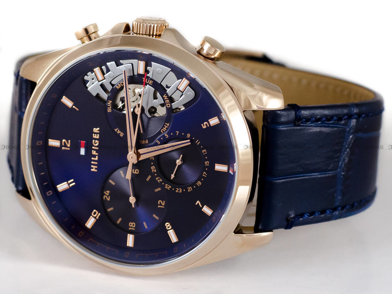Tommy Hilfiger Baker multifunction watch front view with open heart skeleton design