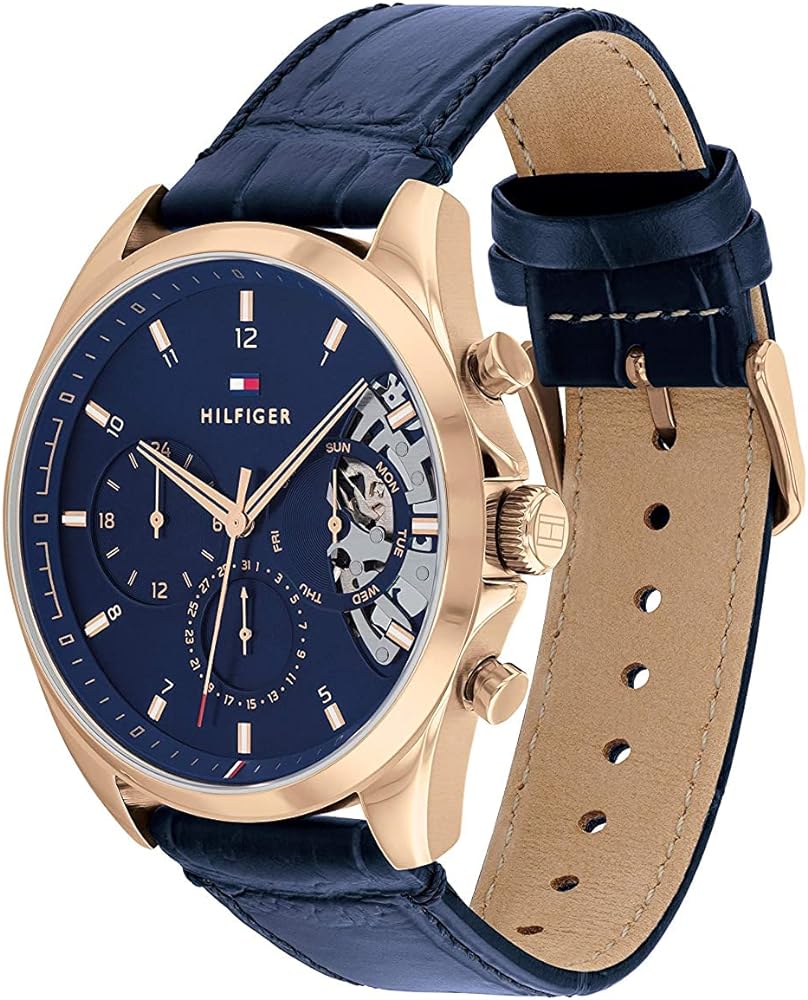 Tommy Hilfiger Baker watch on wrist showing strap detail and rose gold case
