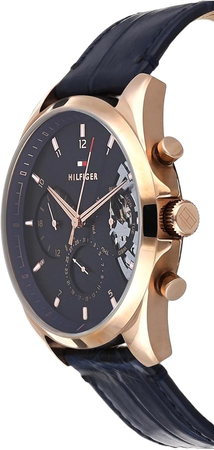 Tommy Hilfiger Baker watch side profile showing rose gold case and pushers