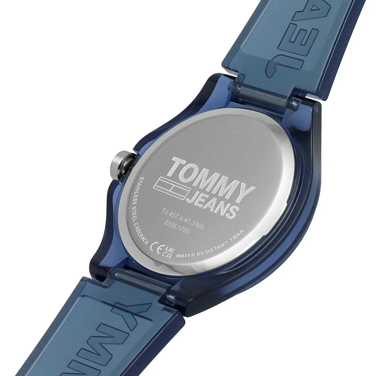 Tommy Jeans caseback with silver cover showing brand name and water resistance information