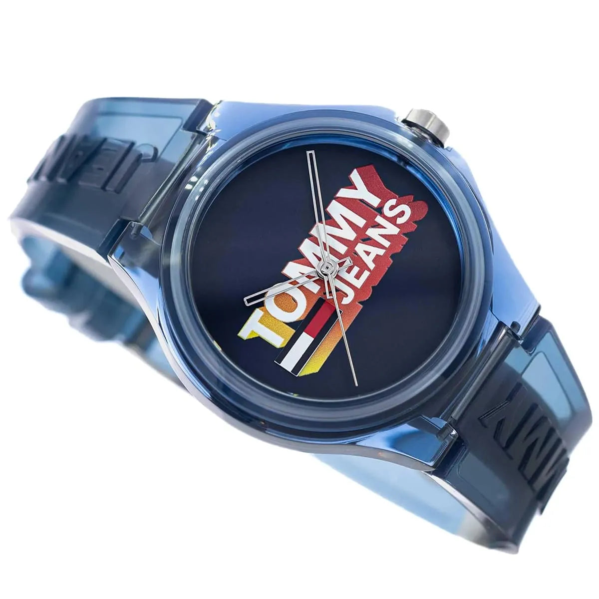 Tommy Hilfiger Berlin watch with Tommy Jeans logo on black dial, blue case and strap