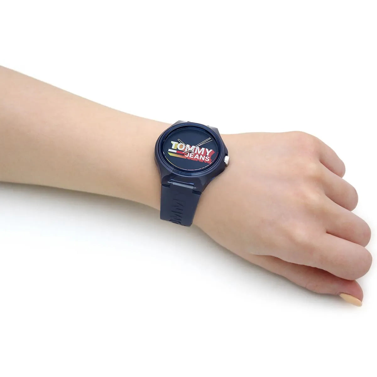 Tommy Hilfiger Berlin unisex watch worn on wrist showing Tommy Jeans dial and blue strap