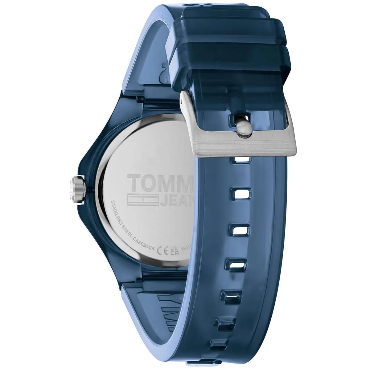 Side view of Tommy Hilfiger Berlin watch showing case profile and blue rubber strap