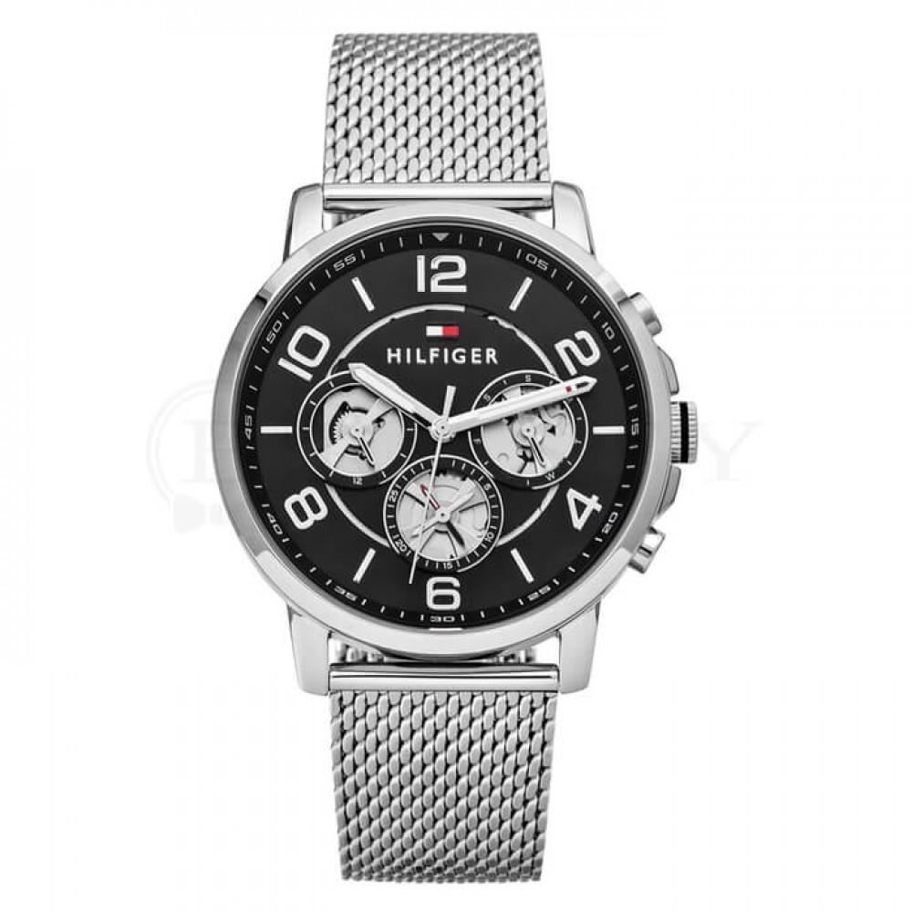 Tommy Hilfiger black dial mesh chronograph watch with three subdials and silver-tone case