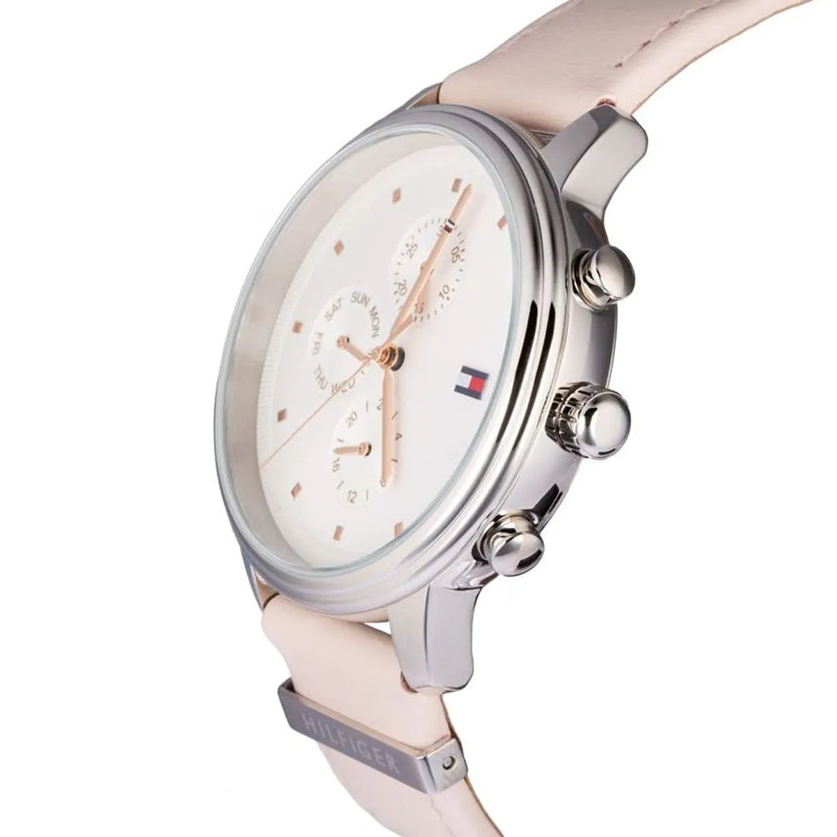 Tommy Hilfiger Blake watch side view showing case profile, pushers, and pink leather strap