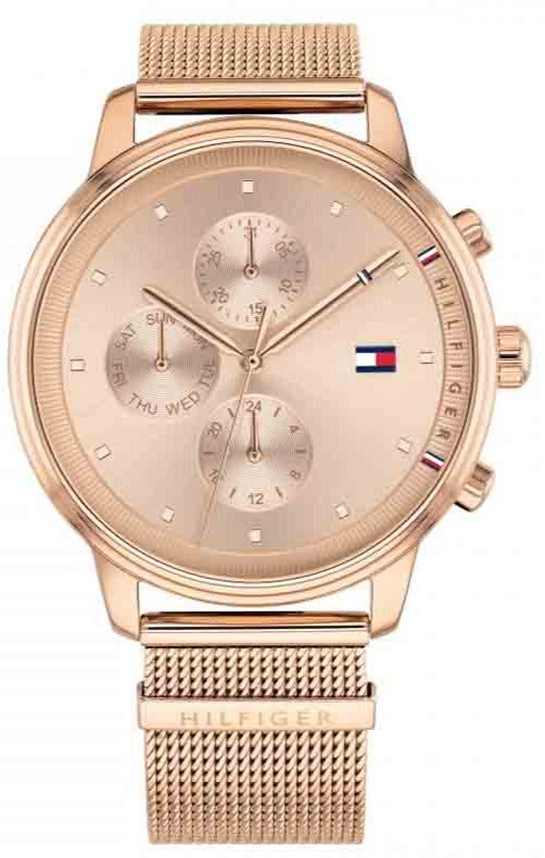 Tommy Hilfiger Blake rose gold chronograph watch with mesh strap, featuring cream dial with subdials