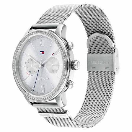 Tommy Hilfiger Blake women's watch at angle displaying full mesh strap and crystal bezel