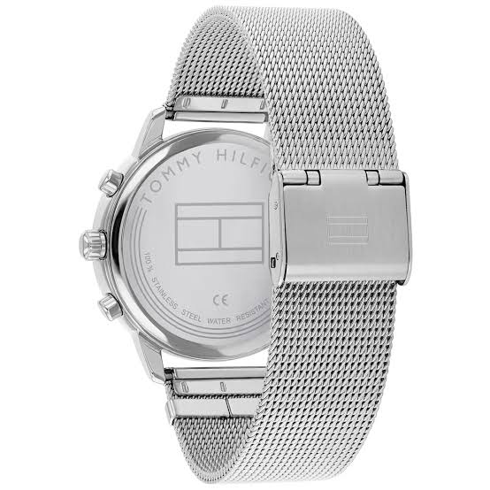 Tommy Hilfiger Blake watch caseback showing model number and specifications with mesh strap
