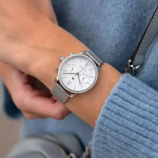 Tommy Hilfiger Blake watch on wrist showing silver mesh strap and white chronograph dial