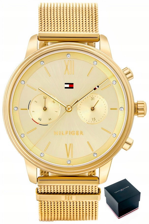 Tommy Hilfiger Blake gold chronograph watch angled view with presentation box