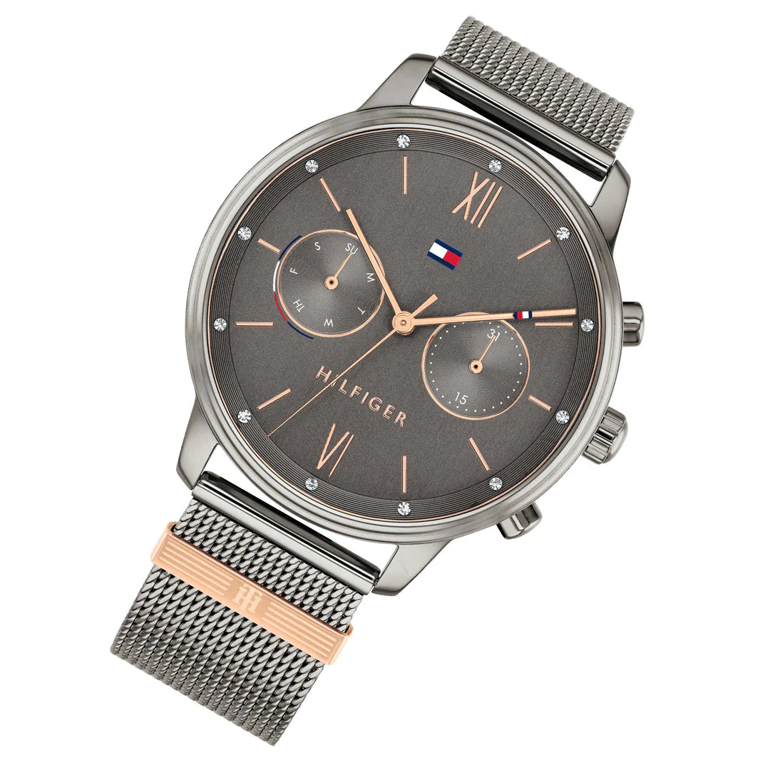 Tommy Hilfiger Blake watch at angle showing gunmetal dial with chronograph subdials and mesh strap