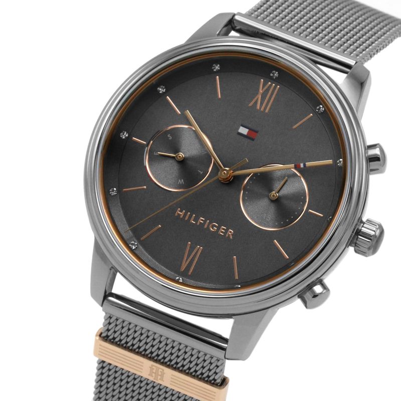 Tommy Hilfiger Blake chronograph watch front view with grey dial and rose gold accents