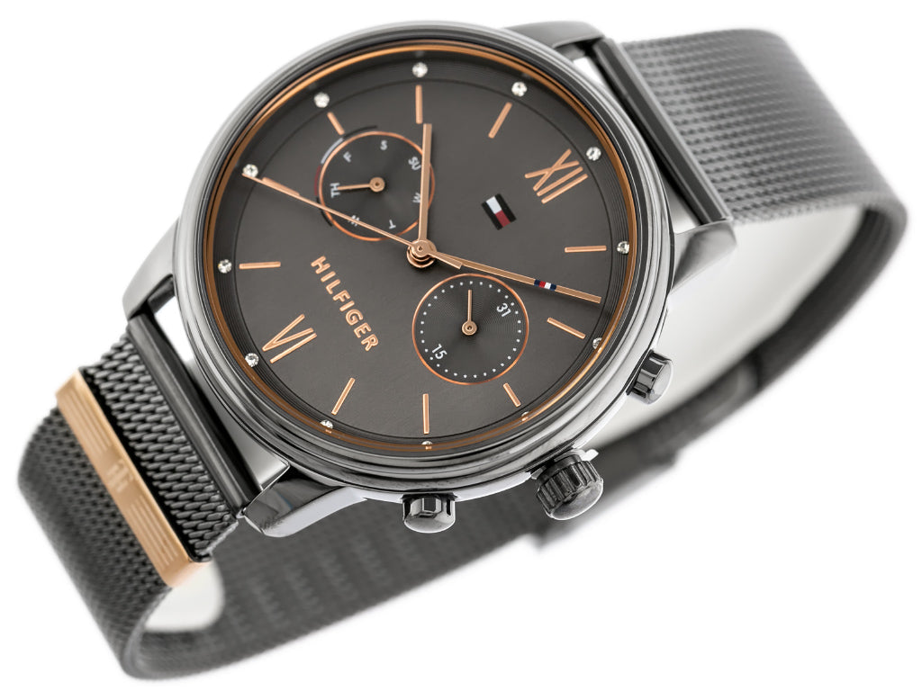 Tommy Hilfiger Blake watch on wrist showing rose gold indices and mesh strap detail