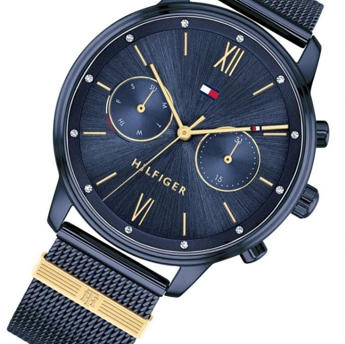 Angled view of Tommy Hilfiger Blake watch showing dial, chronograph subdials and mesh bracelet