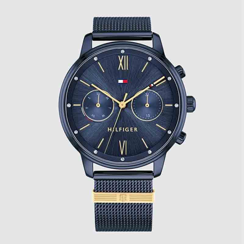 Tommy Hilfiger Blake quartz watch featuring blue dial with gold Roman numerals and mesh bracelet
