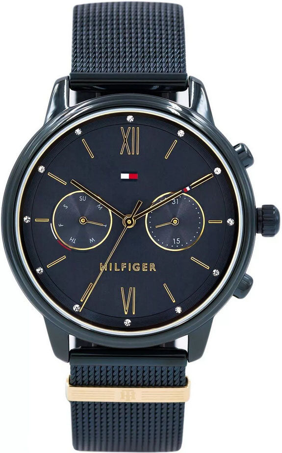 Front view of Tommy Hilfiger Blake watch with blue dial and blue mesh strap