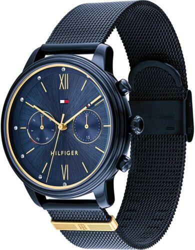 Tommy Hilfiger Blake watch worn on wrist with blue mesh bracelet fully visible