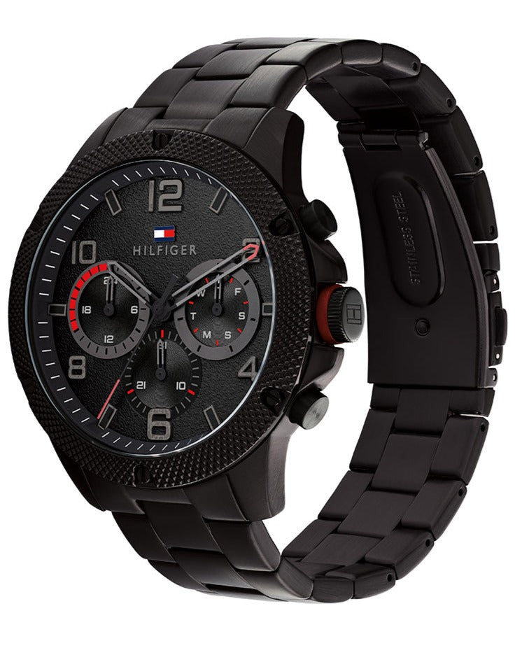 Side profile of Tommy Hilfiger Blaze watch showing black steel bracelet and case
