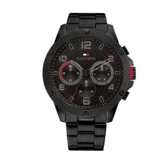 Tommy Hilfiger Blaze men's watch displaying chronograph subdials and red accents