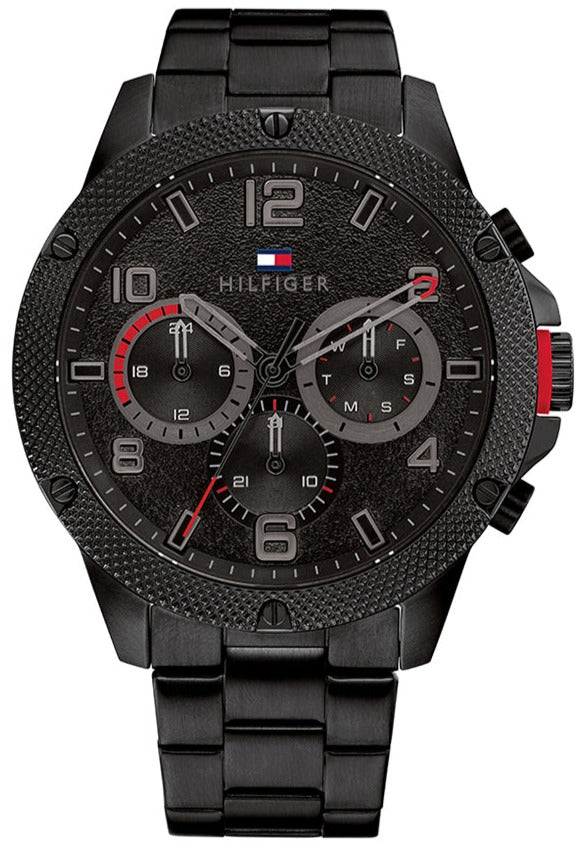 Tommy Hilfiger Blaze chronograph watch with black dial and black steel strap