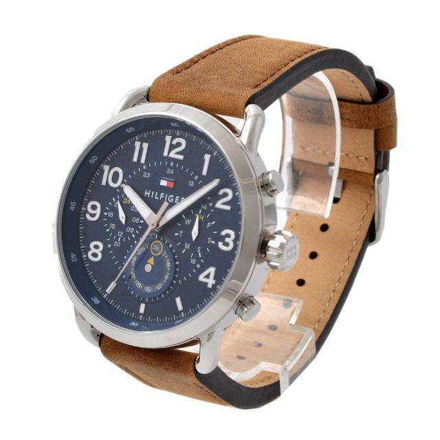 Three-quarter view of Tommy Hilfiger Briggs chronograph showing case and brown leather strap