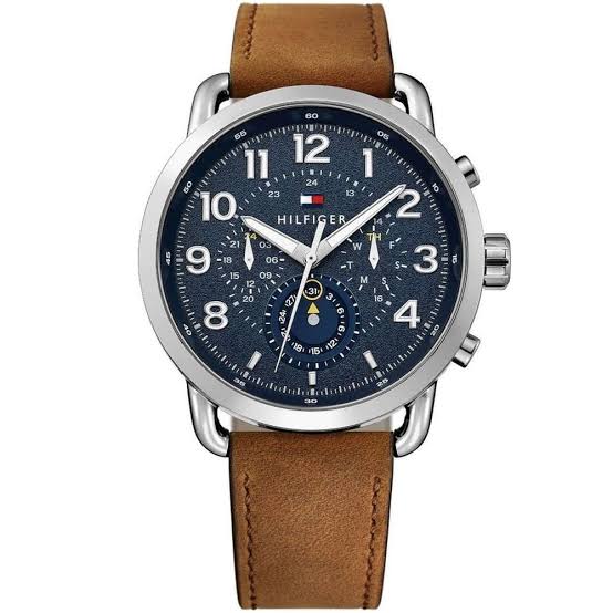 Tommy Hilfiger Briggs chronograph watch with navy dial and tan leather strap