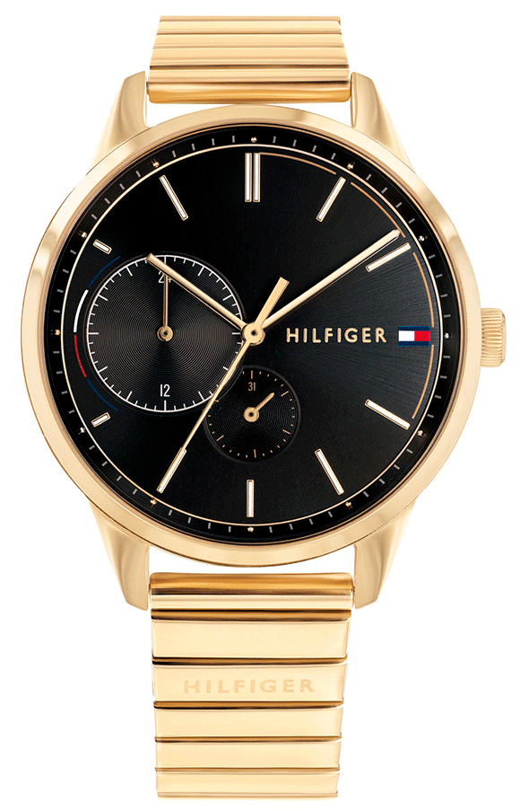 Tommy Hilfiger Brooke watch with black dial and gold-tone steel case and strap
