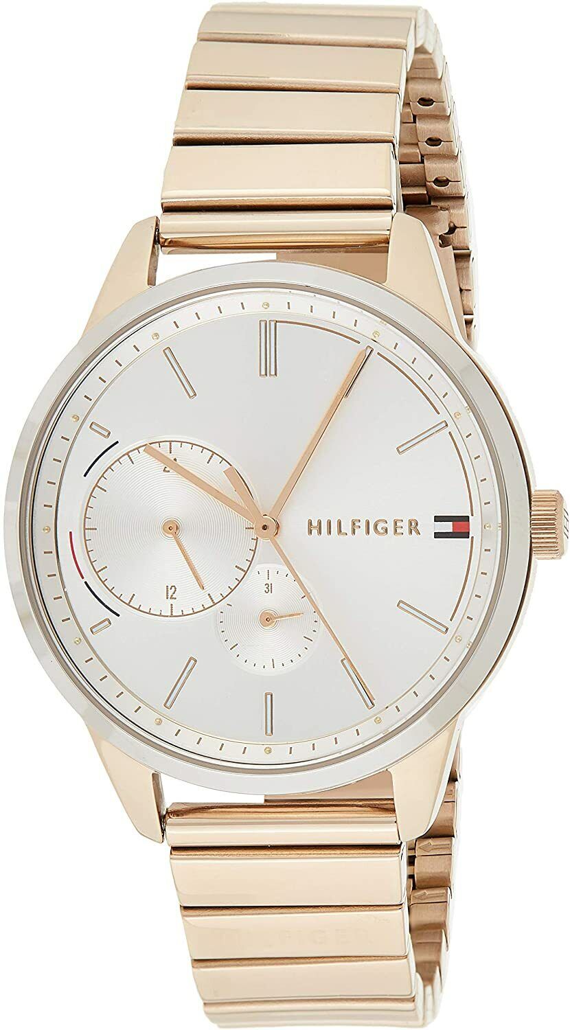 Tommy Hilfiger Brooke watch at angle displaying white dial and rose gold metal bracelet