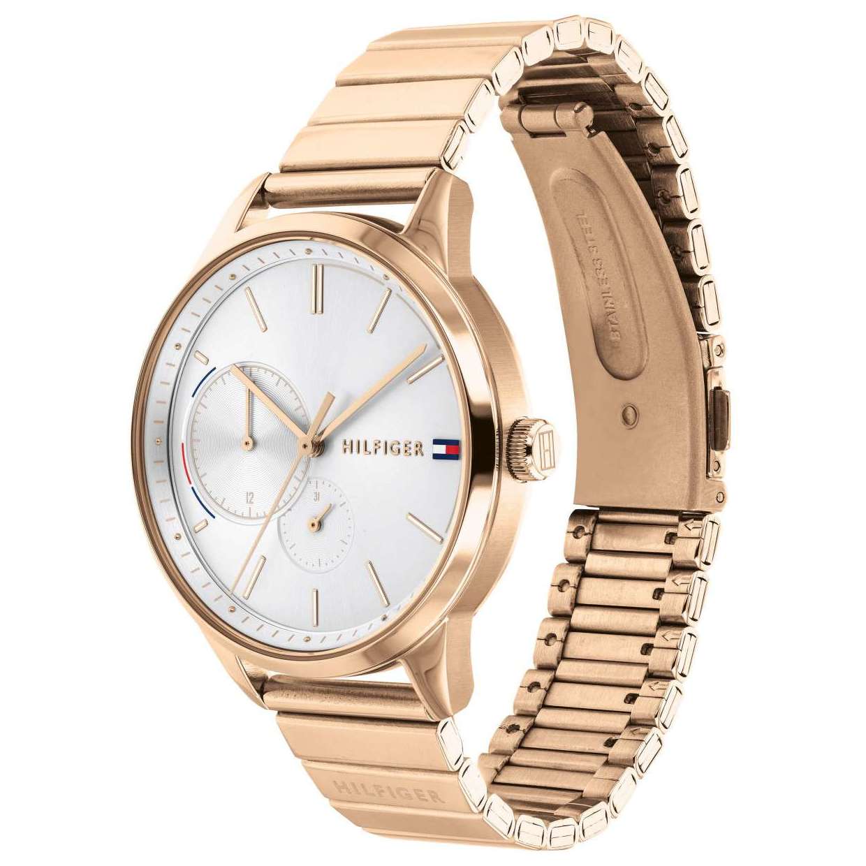 Tommy Hilfiger Brooke watch showing side profile with rose gold bracelet and caseback
