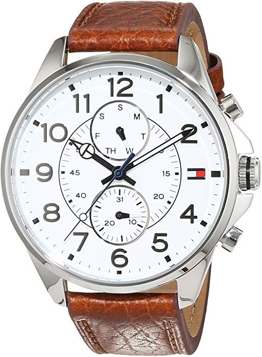 Tommy Hilfiger men's watch in brown leather with silver case and white chronograph dial