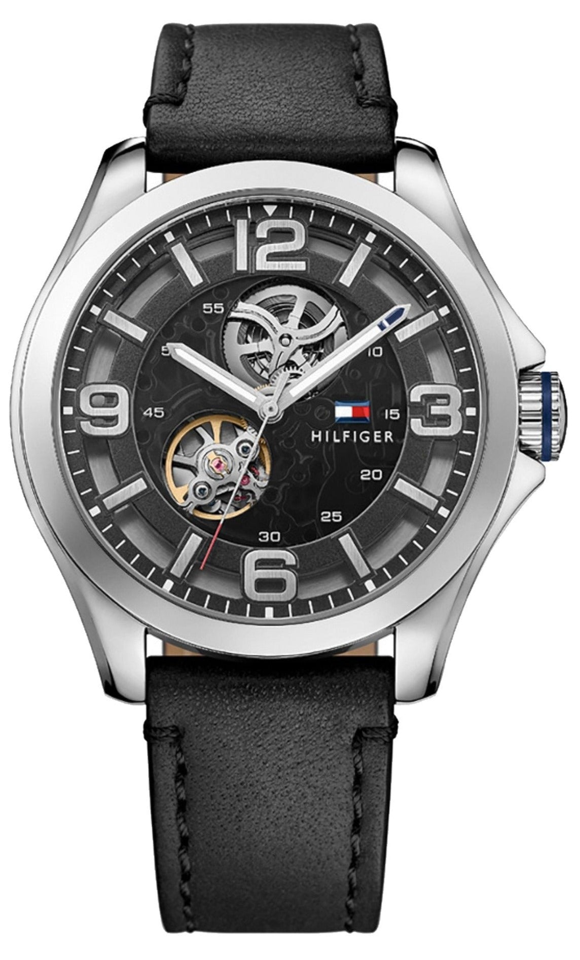 Tommy Hilfiger Bruce men's watch with black dial, skeleton movement, and black leather strap