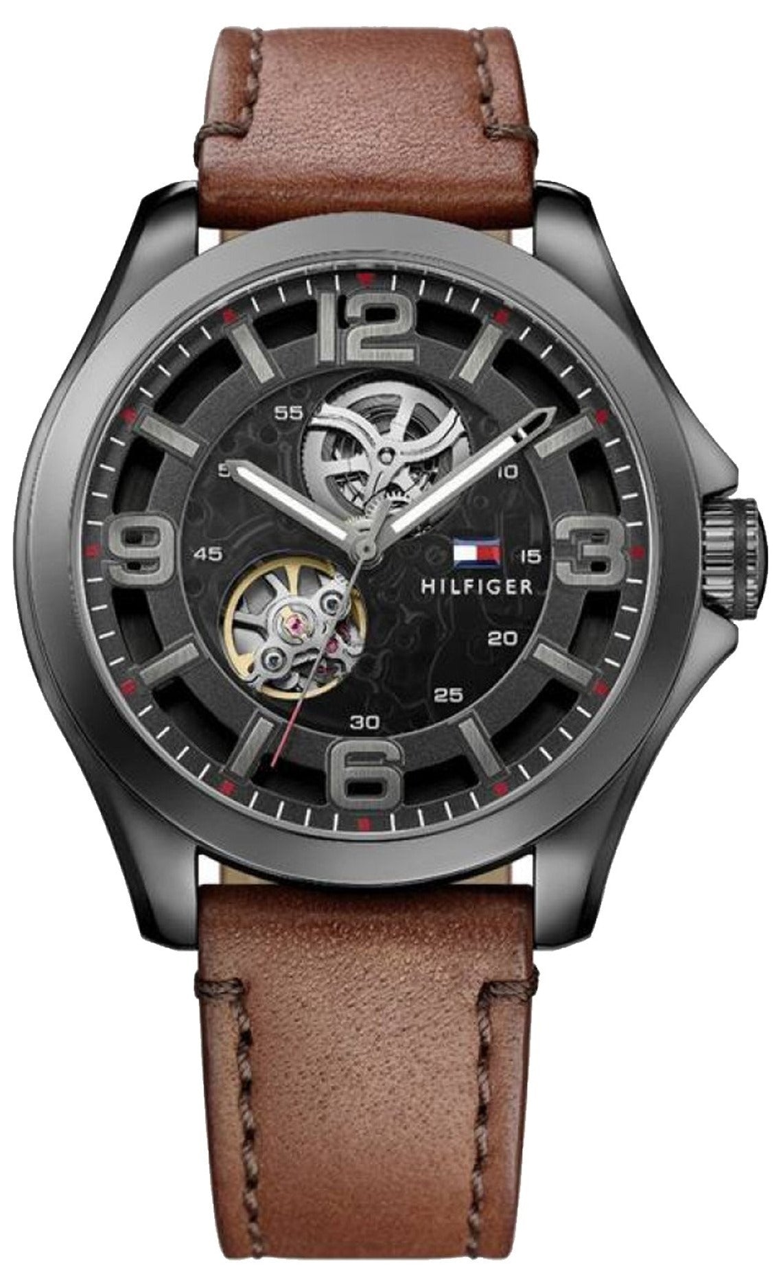 Tommy Hilfiger Bruce automatic watch with black dial and brown leather strap
