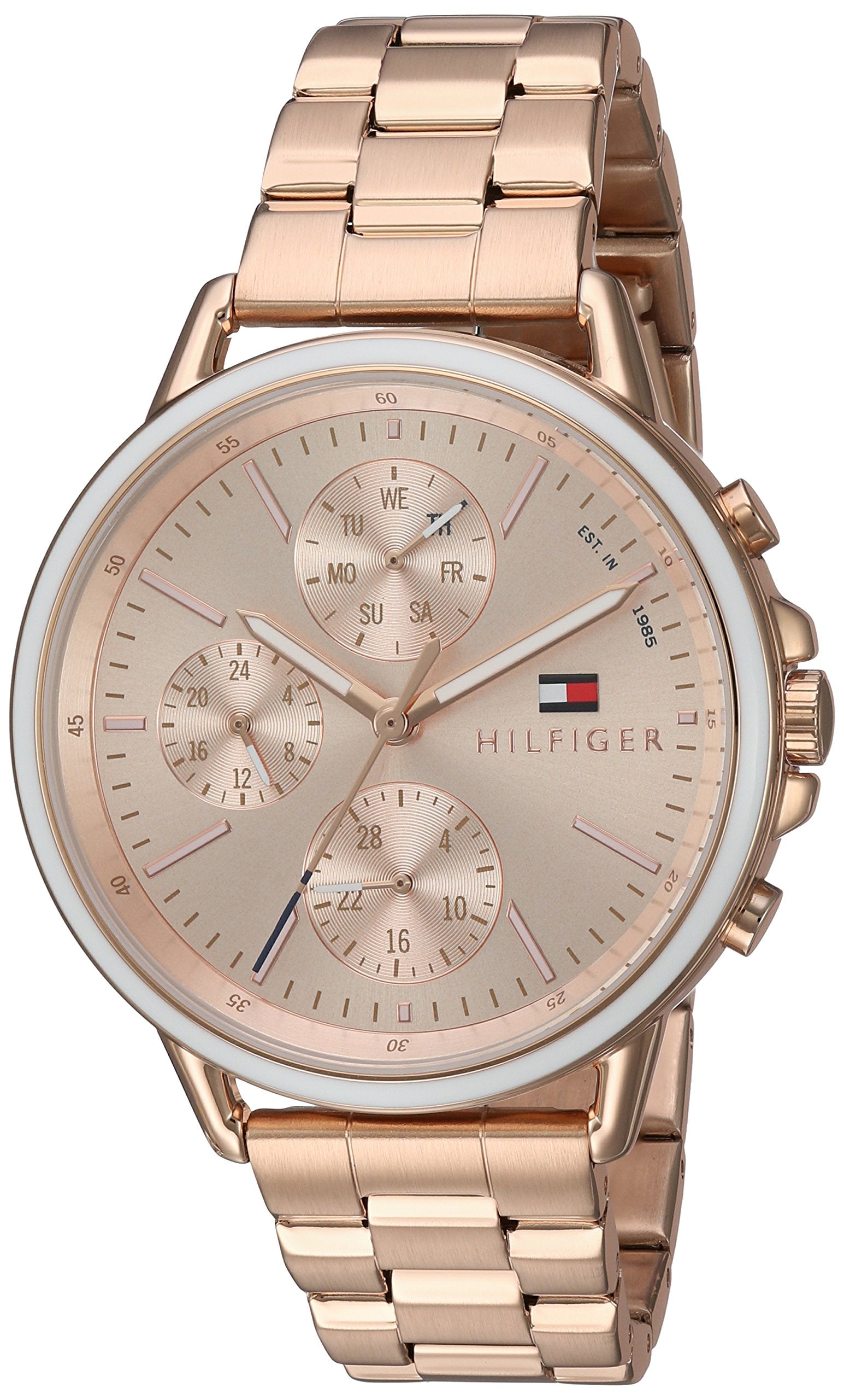 Angled view of Tommy Hilfiger Carly watch showing rose gold dial with chronograph subdials and rose gold metal band