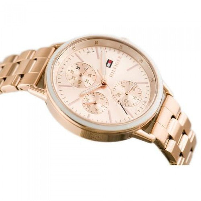 Tommy Hilfiger Carly chronograph watch displayed on wrist with rose gold case and steel bracelet