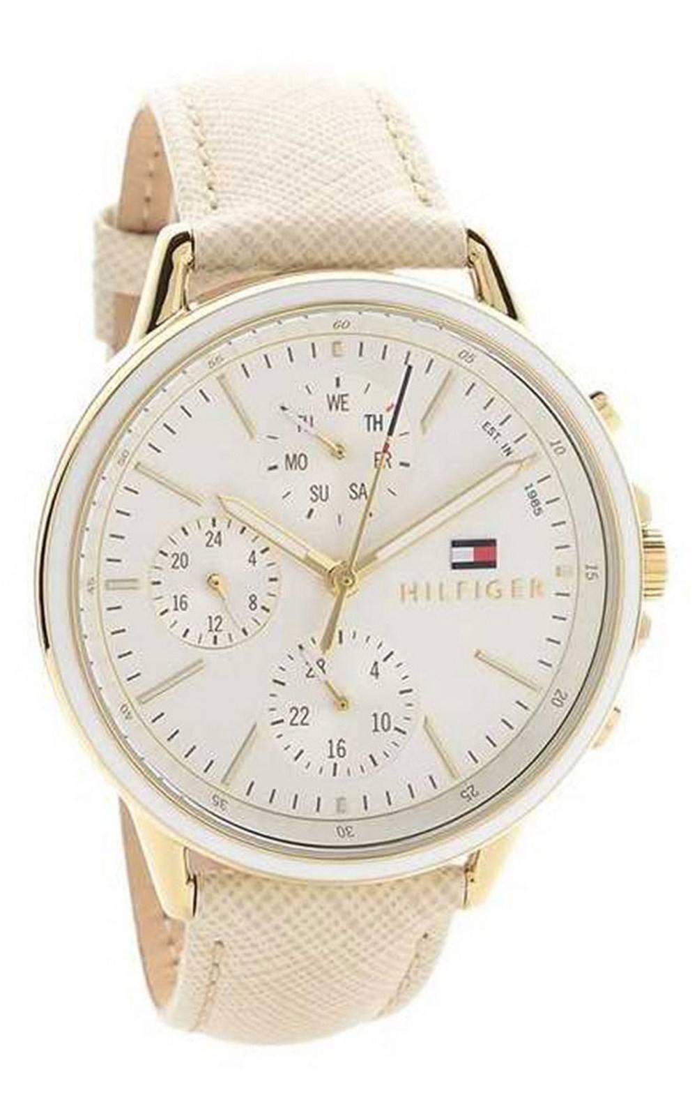 Tommy Hilfiger Carly chronograph watch angled view showing silver dial and cream strap