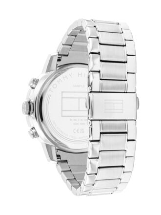 Side profile view of Tommy Hilfiger Clark watch showing stainless steel bracelet links