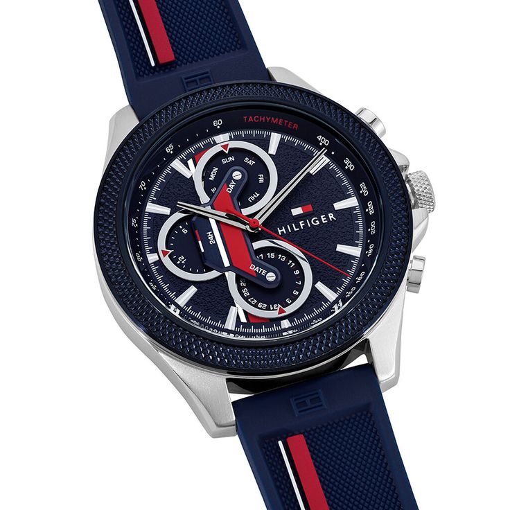 Close-up of Tommy Hilfiger Clark dial with chronograph subdials, tachymeter, and red accents