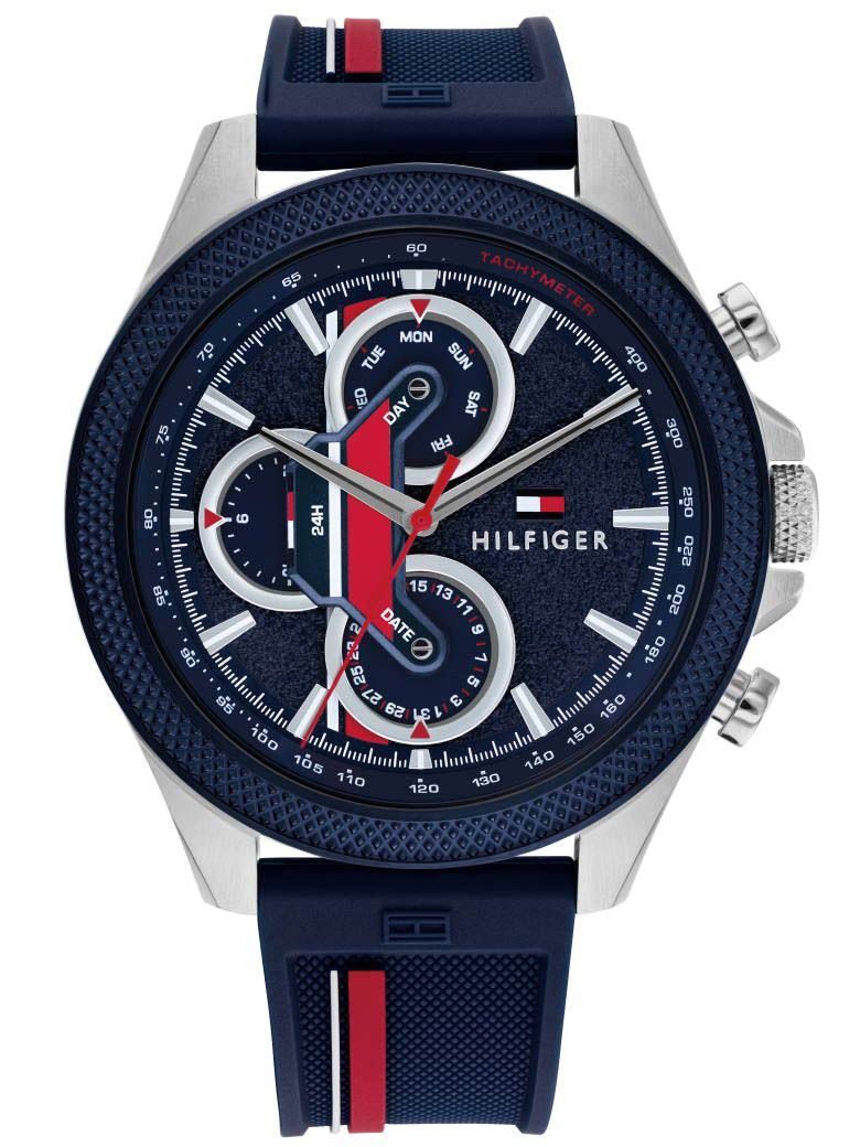 Tommy Hilfiger Clark 46mm watch with blue dial, chronograph subdials, and blue/red silicone strap