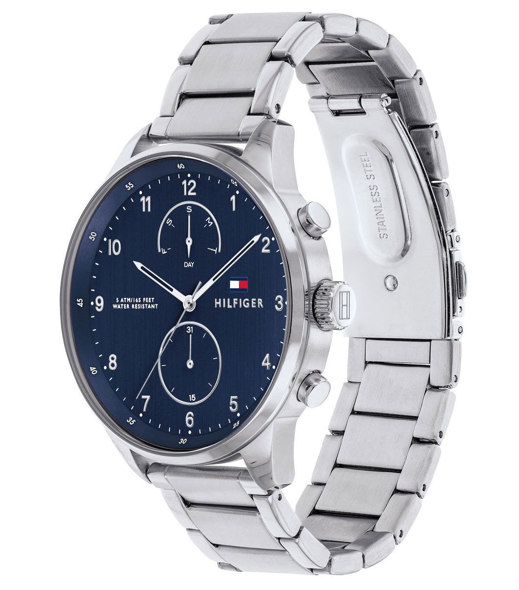 Side view of Tommy Hilfiger Classic watch showing stainless steel three-link bracelet and chronograph subdials
